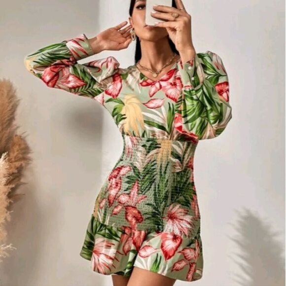 Dresses & Skirts - TROPICAL PRINT SHIRRED BACKLESS DRESS